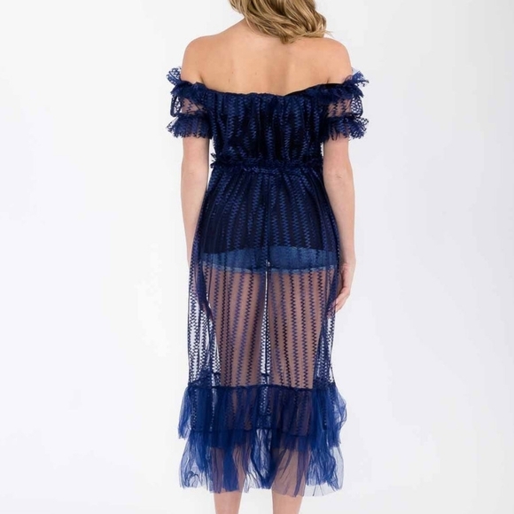 Off Shoulder Ruffle Detailed Pleated Mesh Sheer See Through Navy Blue Tunic - Picture 2 of 8